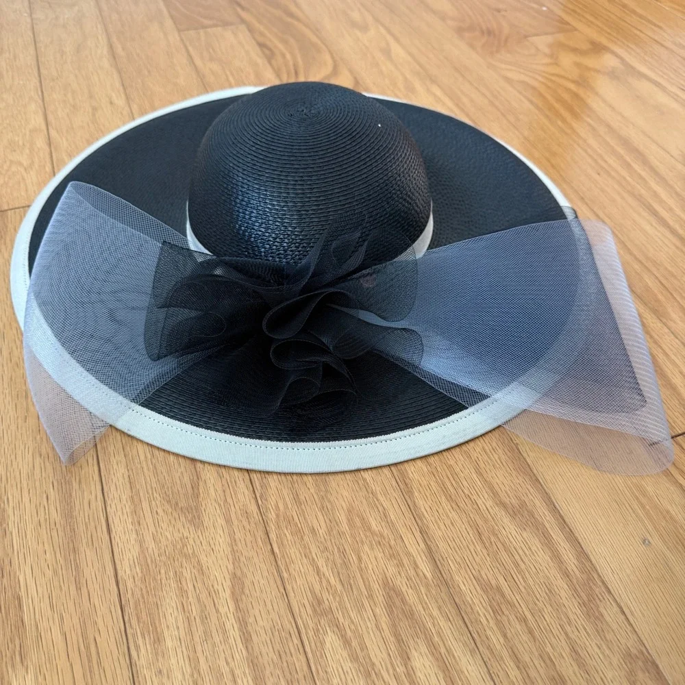David M Designer Luxury Old Money OS Black White Straw Hat Tulle Kentucky Derby